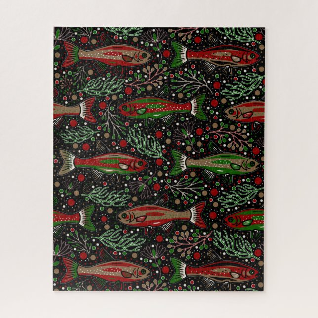 Puzzle Poisson nager truite de Noël rouge et verte (Vertical)