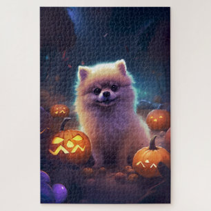 Puzzle Pomeranian Halloween avec citrouilles effrayant 