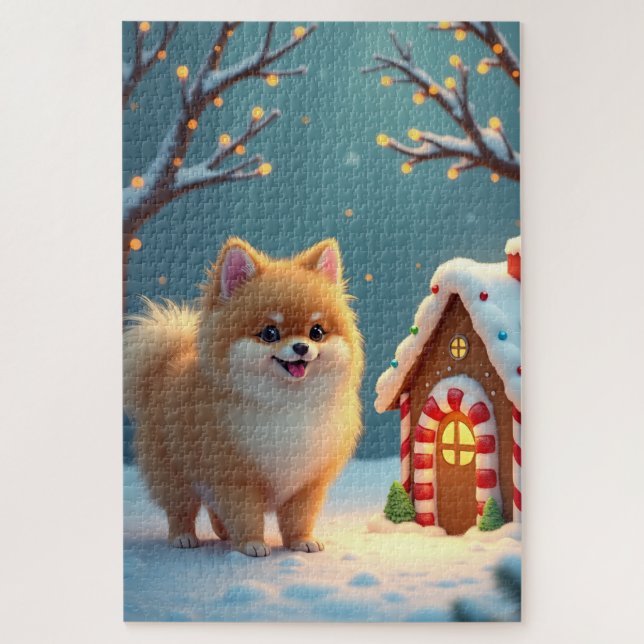 Puzzle Pomeranian in Gingerbread Village Christmas (Vertical)