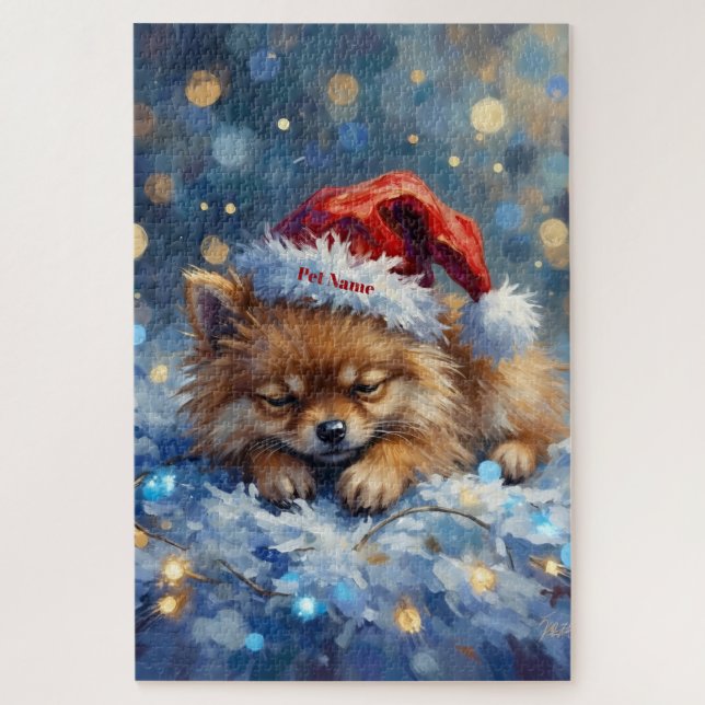 Puzzle Pomeranian Sleeping on Fairy Lights Christmas Hat (Vertical)