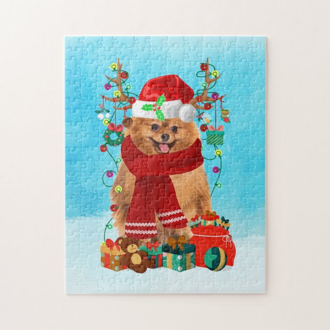 Puzzle Poméranie dans la neige avec cadeaux de Noël (Vertical)