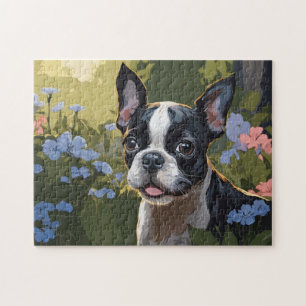 Puzzle Pompe Terrier de Boston en champ de fleurs
