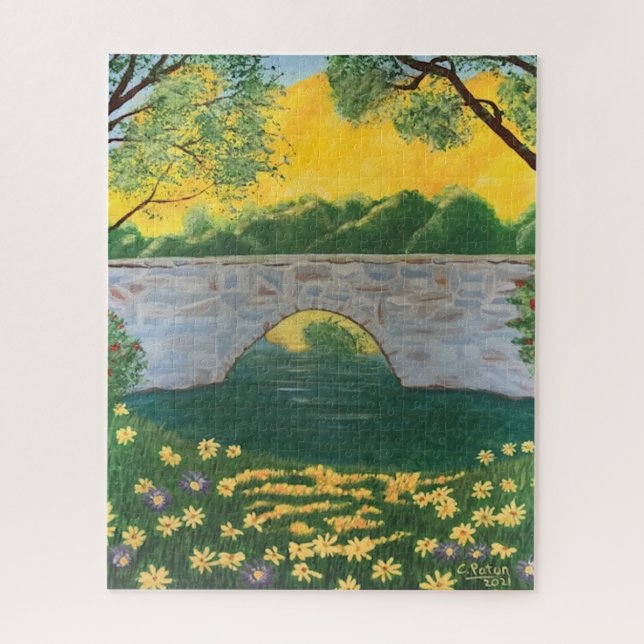 Puzzle Pont de pierre Fleurs du lac Ciel jaune Peinture (Vertical)