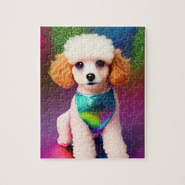 Puzzle Poodle blanc avec oreilles de crème sur arc-en-cie (Vertical)