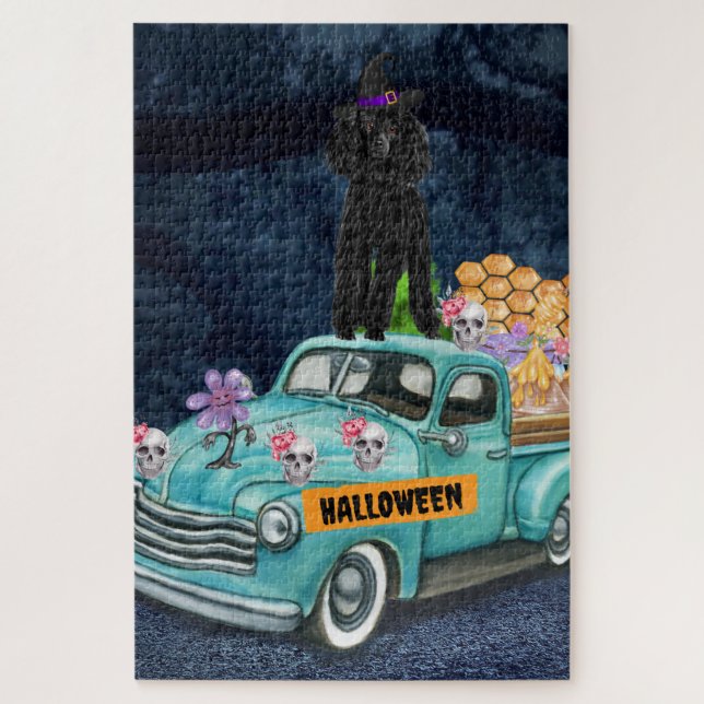 Puzzle Poodle Chien Halloween Camion Effrayant nuit (Vertical)