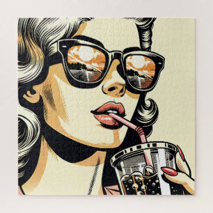 Puzzle Pop Art Bande Dessinée Belle Femme Buvant du Soda