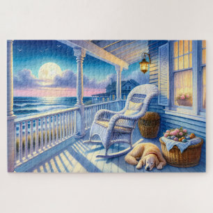 Puzzle Porche Côtiers au Clair de Lune avec Chien et Vue 