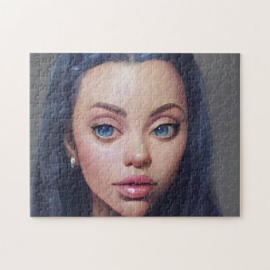 Puzzle Portrait Blue Hair Eyes Smile Jeune femme