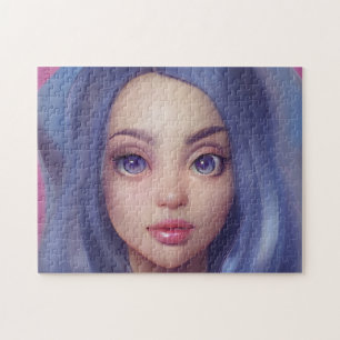 Puzzle Portrait Blue Hair Eyes Smile Jeune femme