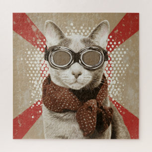 Puzzle Portrait de chat avec lunettes et écharpe sur drap