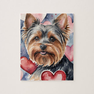 Puzzle Portrait de chien Yorkie aquarelle Saint-Valentin