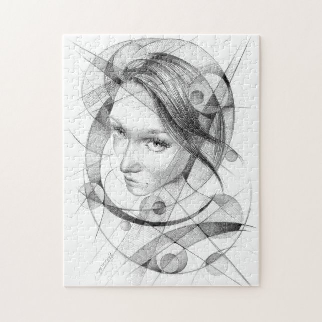 Puzzle Portrait de fille Dessin d'art Lignes de cercles g (Vertical)