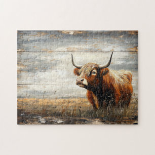 Puzzle Portrait de vache de Highland sur bois Patiné