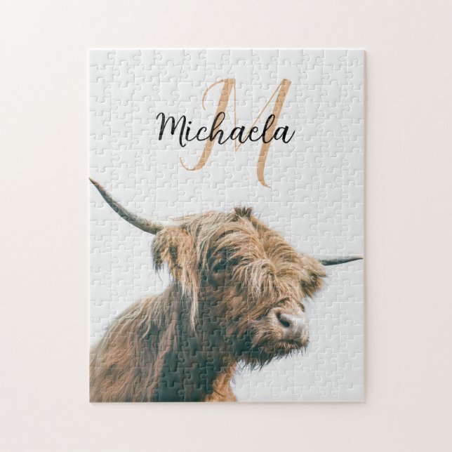 Puzzle Portrait de vache Highland nom personnalisé monogr (Vertical)