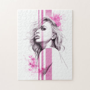 Puzzle Portrait d'encre de femme Art de la mode rose