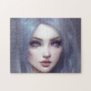 Puzzle Portrait Pink cheveux Bleu yeux lèvres Jeune femme