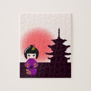 Puzzle Poupée japonaise de kokeshi au temple pendant le