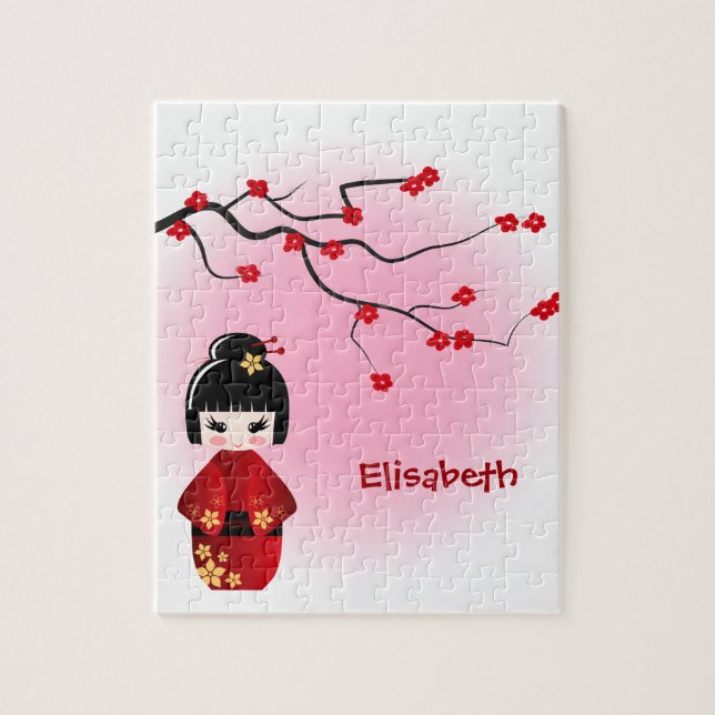 Puzzle Poupée japonaise de kokeshi aux fleurs de Sakura (Vertical)