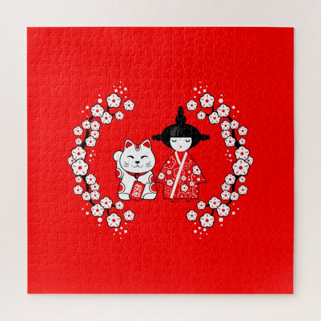 Puzzle Poupée japonaise - Kokeshi et Maneki Neko Cat (Vertical)