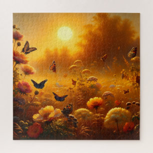 Puzzle Pré de coucher de soleil avec fleurs et papillons 