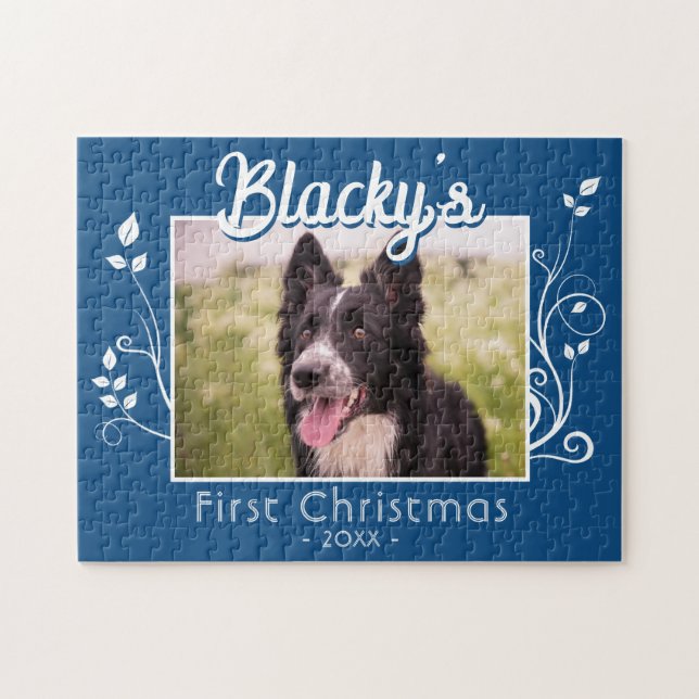 Puzzle Premier Noël Chiot photo Folio bleu (Horizontal)