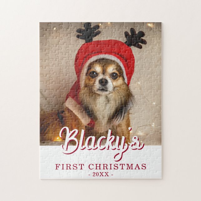 Puzzle Première photo de chiot de Noël personnalisée (Vertical)