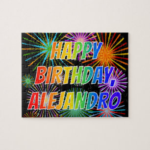 Puzzle Prénom "ALEJANDRO", Amusant "HEUREUX ANNIVERSAIRE"