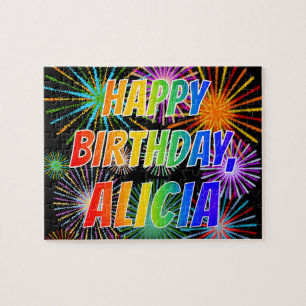 Puzzle Prénom "ALICIA", Amusant "HEUREUX ANNIVERSAIRE"