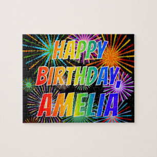 Puzzle Prénom "AMELIA", Amusant "HEUREUX ANNIVERSAIRE"