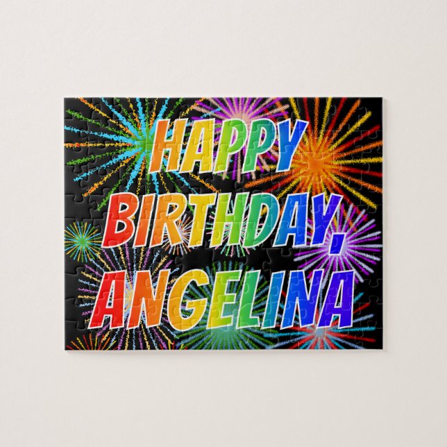 Puzzle Prénom "ANGELINA", Amusant "HEUREUX ANNIVERSAIRE" (Horizontal)