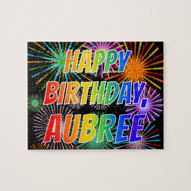 Puzzle Prénom "AUBREE", Amusant "HEUREUX ANNIVERSAIRE" (Horizontal)