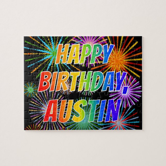 Puzzle Prénom "AUSTIN", Amusant "HEUREUX ANNIVERSAIRE" (Horizontal)