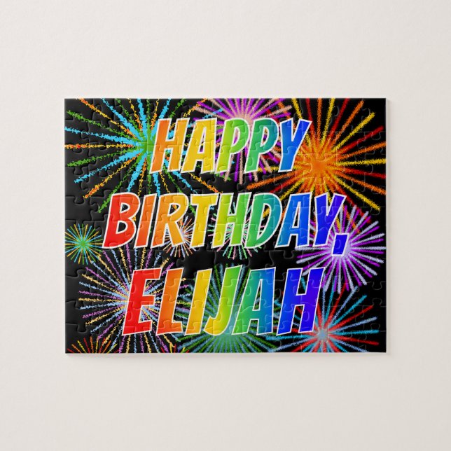 Puzzle Prénom "ELIJAH", Amusant "HEUREUX ANNIVERSAIRE" (Horizontal)