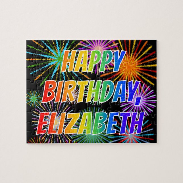 Puzzle Prénom "ELIZABETH", Amusant "HEUREUX ANNIVERSAIRE" (Horizontal)