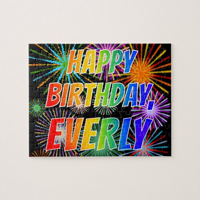 Puzzle Prénom "EVERLY", Amusant "HEUREUX ANNIVERSAIRE" (Horizontal)
