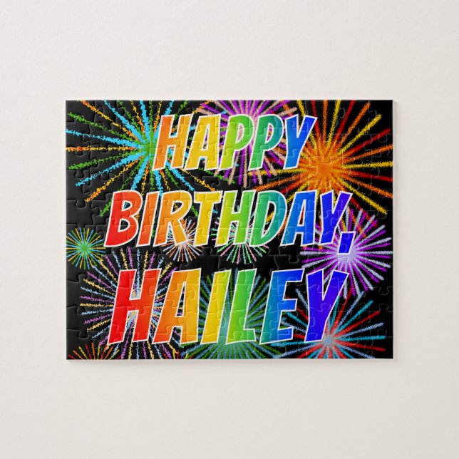 Puzzle Prénom "HAILEY", Amusant "HEUREUX ANNIVERSAIRE" (Horizontal)