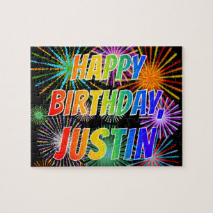 Puzzle Prénom "JUSTIN", "HEUREUX ANNIVERSAIRE"