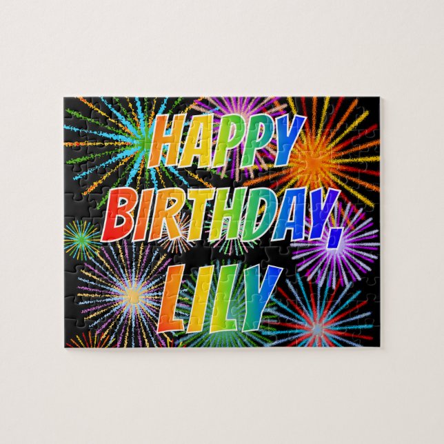 Puzzle Prénom "LILY", amusant "HEUREUX ANNIVERSAIRE" (Horizontal)
