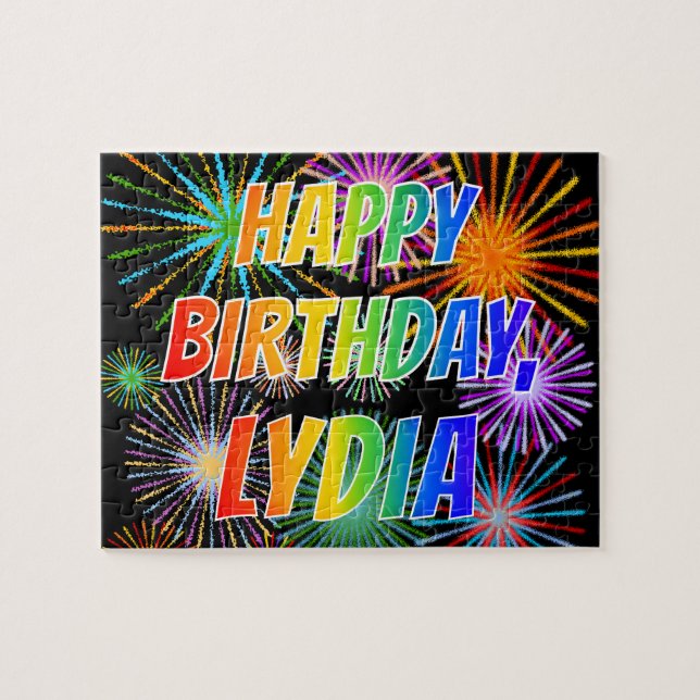 Puzzle Prénom "LYDIA", Amusant "HEUREUX ANNIVERSAIRE" (Horizontal)