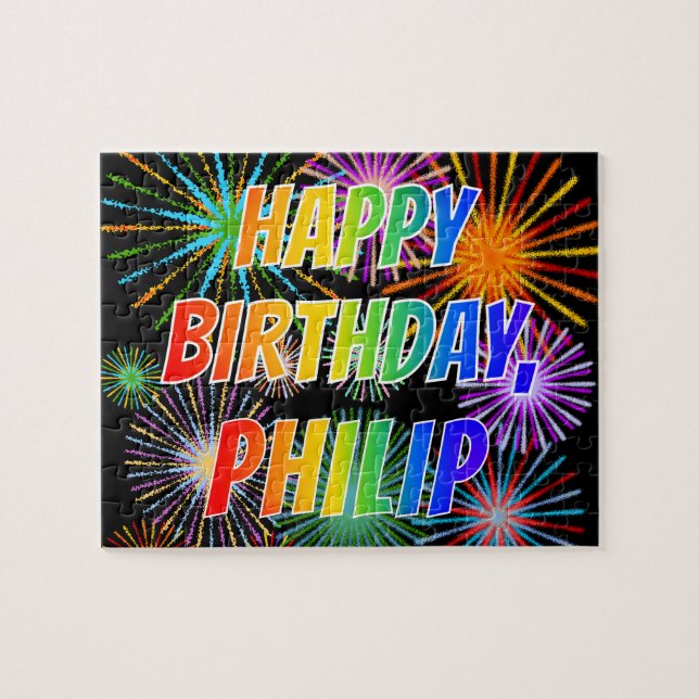 Puzzle Prénom "PHILIP", Amusant "HEUREUX ANNIVERSAIRE" (Horizontal)