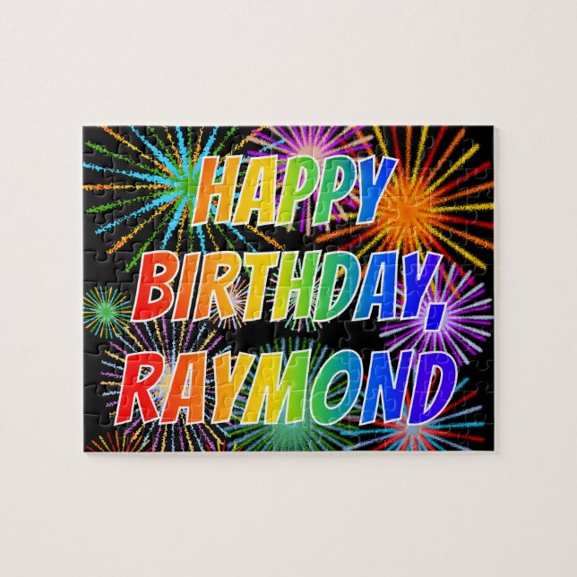 Puzzle Prénom "RAYMOND", Amusant "HEUREUX ANNIVERSAIRE" (Horizontal)