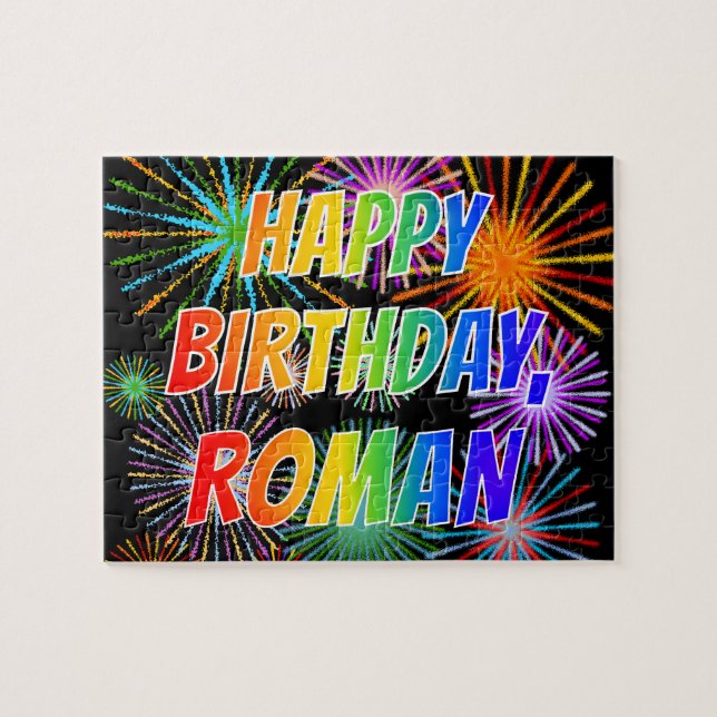 Puzzle Prénom "ROMAN", Amusant "HEUREUX ANNIVERSAIRE" (Horizontal)