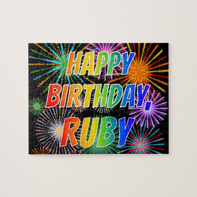 Puzzle Prénom "RUBY", amusant "HEUREUX ANNIVERSAIRE" (Horizontal)
