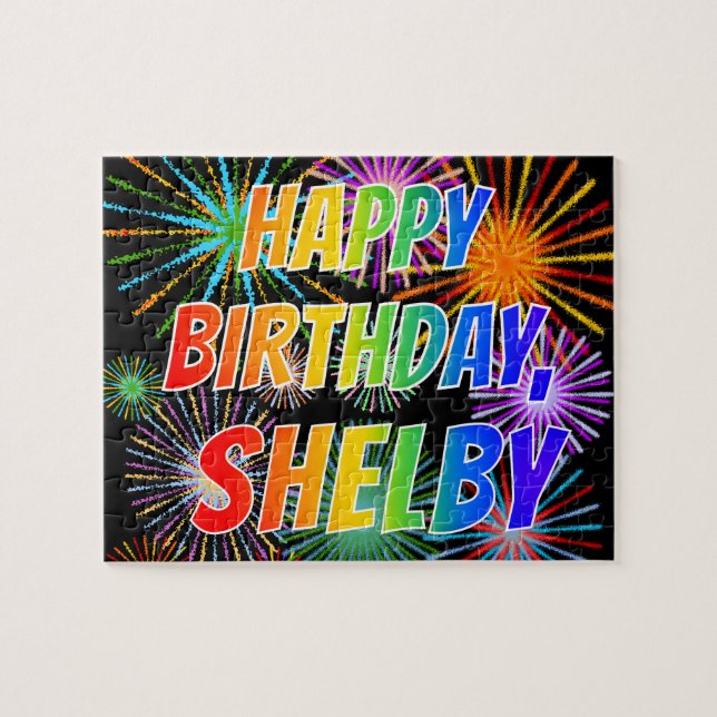 Puzzle Prénom "SHELBY", Amusant "HEUREUX ANNIVERSAIRE" (Horizontal)
