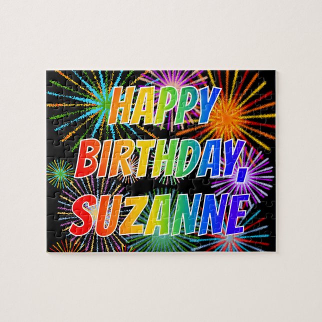 Puzzle Prénom "SUZANNE", Amusant "HEUREUX ANNIVERSAIRE" (Horizontal)