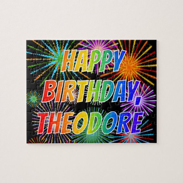 Puzzle Prénom "THEODORE", Fun "HEUREUX ANNIVERSAIRE" (Horizontal)