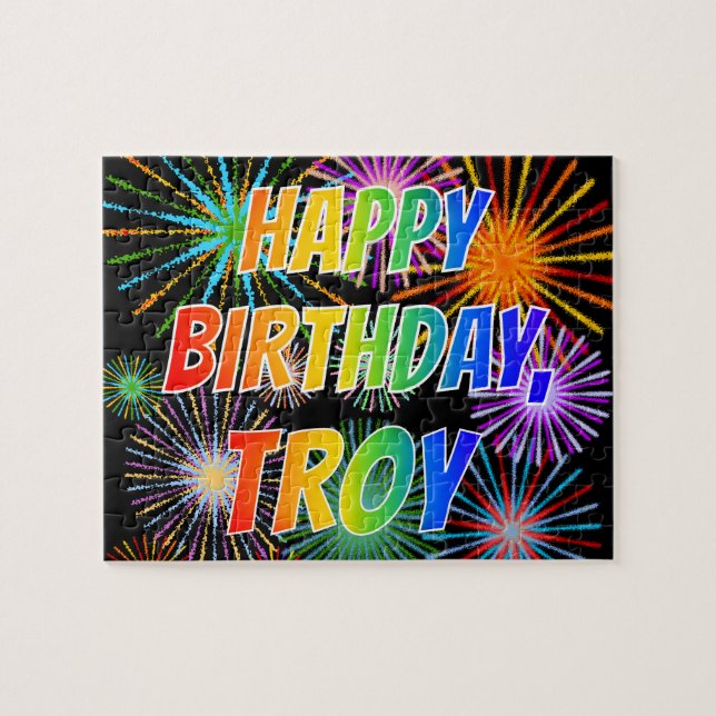 Puzzle Prénom "TROY", Amusant "HEUREUX ANNIVERSAIRE" (Horizontal)