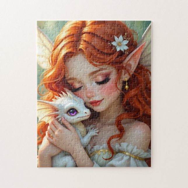 Puzzle Pretty Red Haired Fairy with Dragon (Vertical)