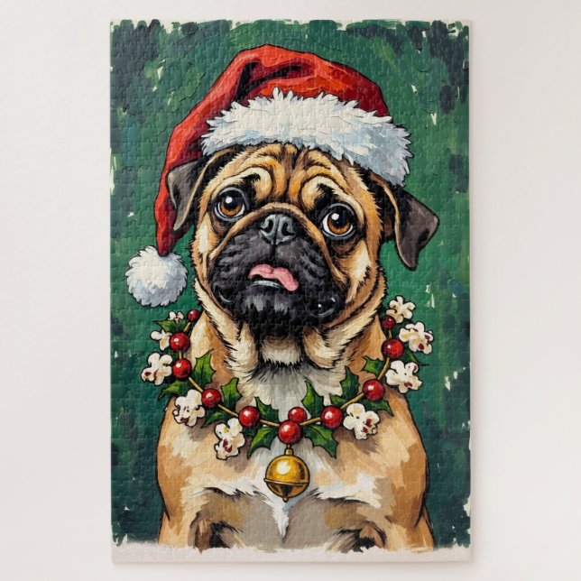 Puzzle Pug Eating the Christmas Garland Hat (Vertical)