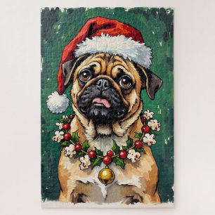 Puzzle Pug mangeant le chapeau de guirlande de Noël
